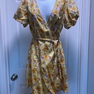 Floral Wrap Dress in Yellow and Brown